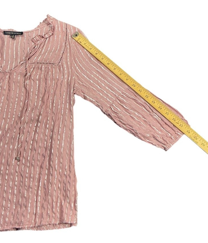 Adrienne Vittadini Top Womens Medium Pink Silver Metallic Stripe Peasant Blouse