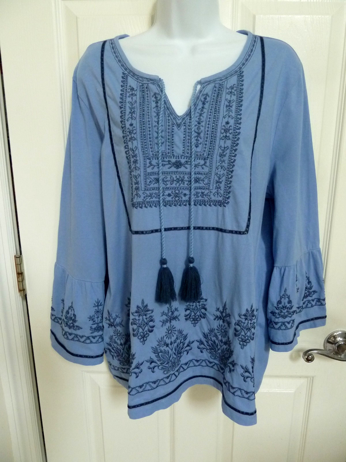 CHICO’S Sz 2=Large Boho Tasseled Top Embroidered Beaded Pullover Flared Sleeves