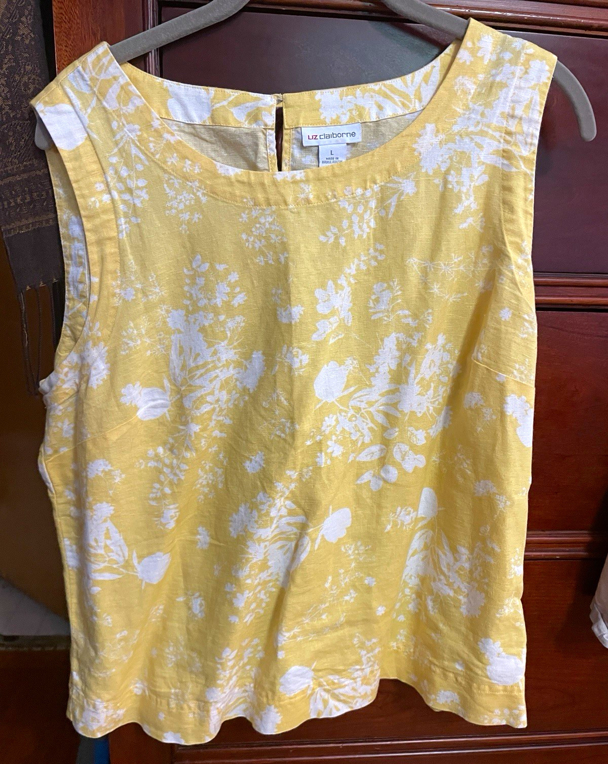 Liz Claiborne Women’s L Yellow/White Floral Linen Tank Top Back Zipper