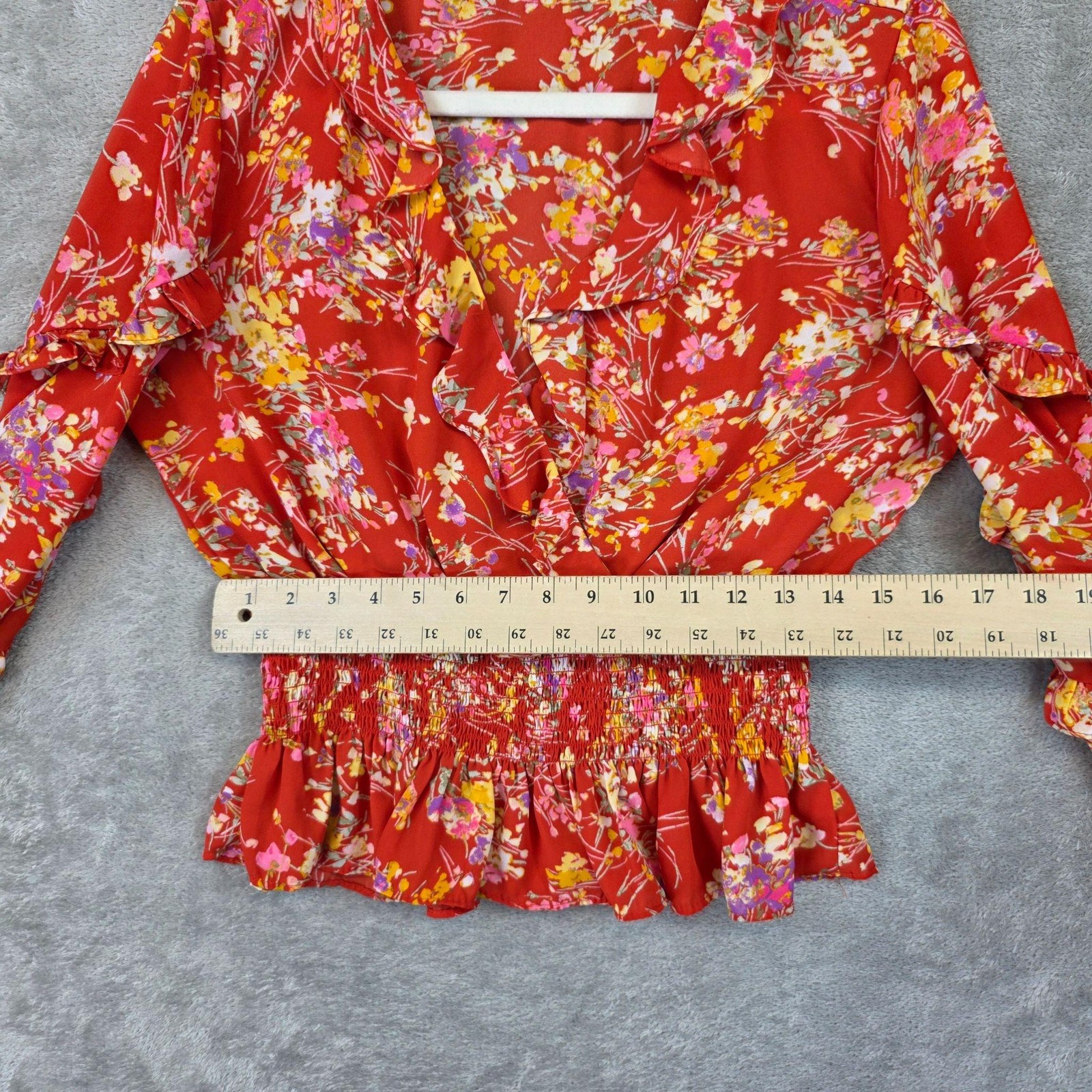 1. STATE Blouse Womens M Red V Neck Long Balloon Sleeve Floral Smocked Cropped