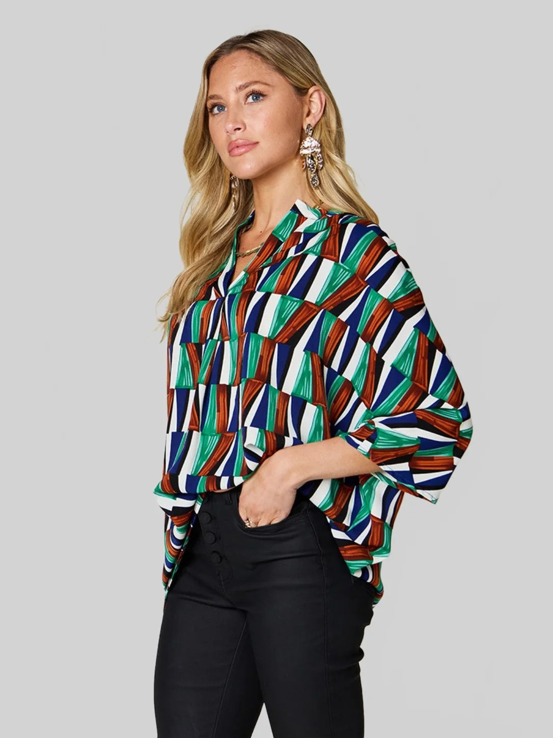 Women Double Take Full Size Geometric Notched Dolman Sleeve Top