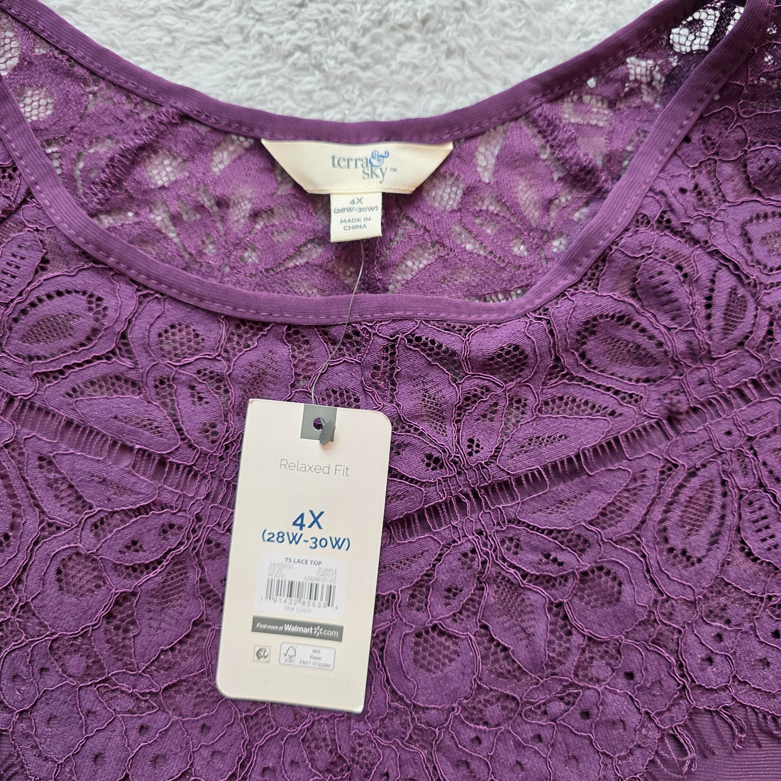 Terra Sky Blouse Womens 4X (28-30W) Purple Lace Relaxed Fit Boho Peasant Top NWT