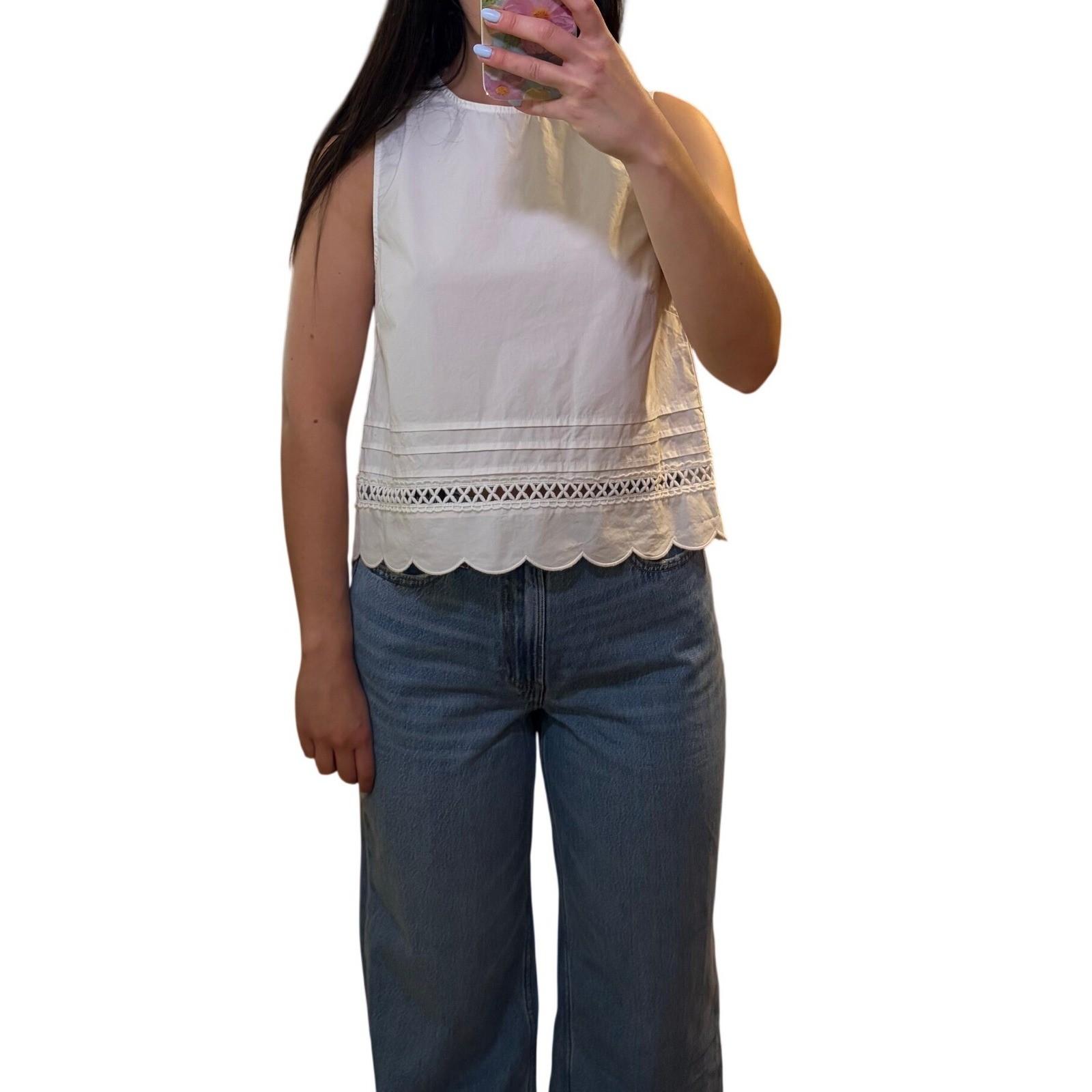 French Connection Top Women Small White Sleeveless Scalloped Eyelet Boho Blouse