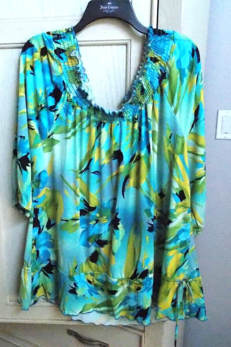 AVENUE Stretch 3/4 Sleeve Turq/Black Scoop Neck Tie at Hip Poly Blend Top 18/20