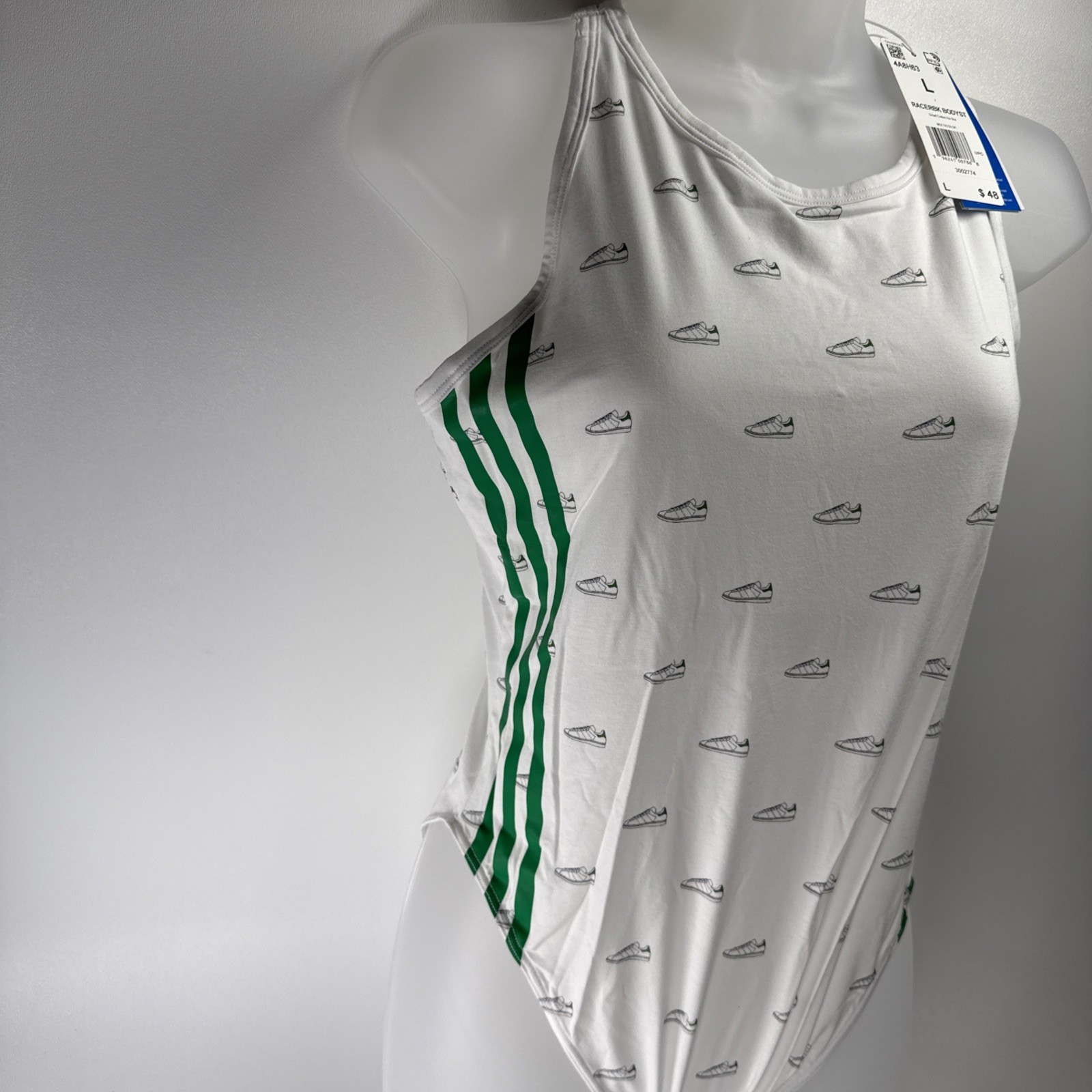 Size Women’s LARGE – adidas Racer Back Bodysuit White Green Multi – NEW WITH TAG