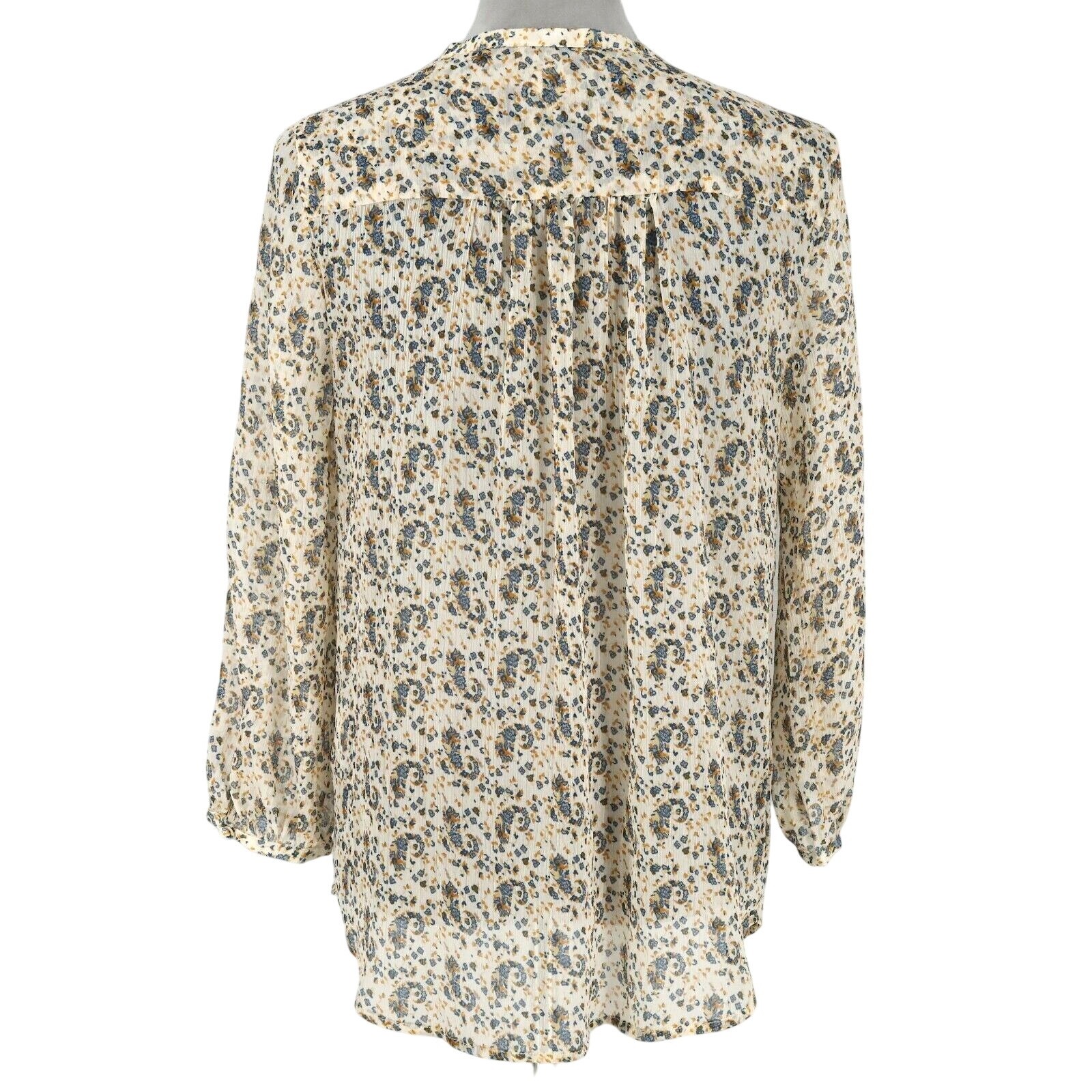 Lucky Brand Top Womens Medium Beige Blue Floral Sheer Chiffon Blouse Whimsy