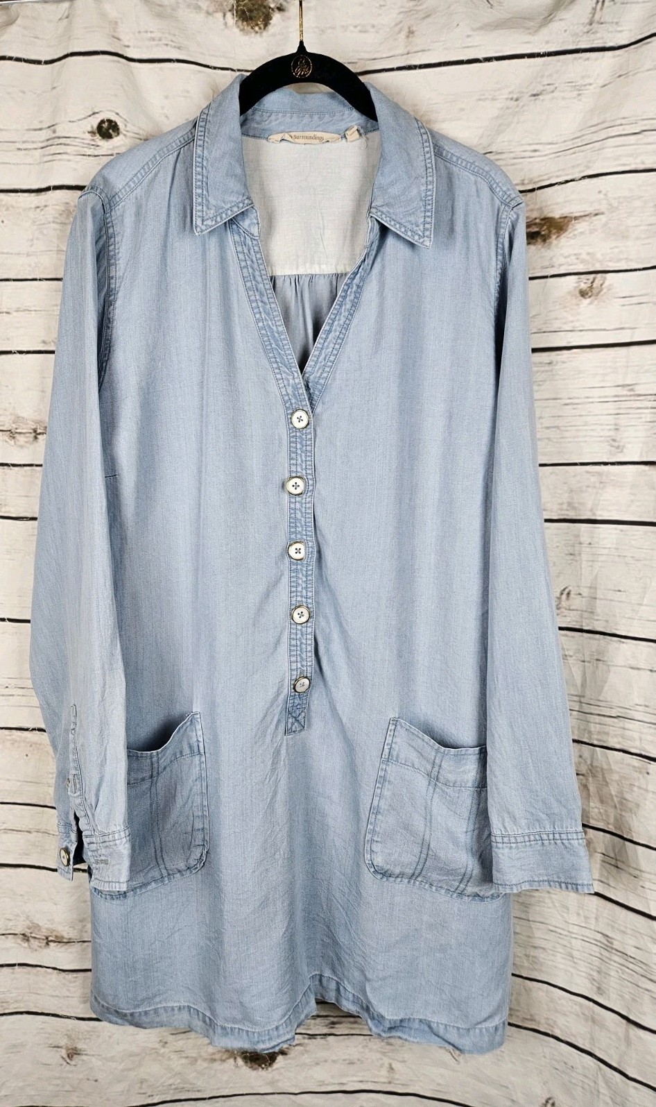 Soft Surroundings Light Wash Blue Denim Tencel Tunic XL Popover Top Womens