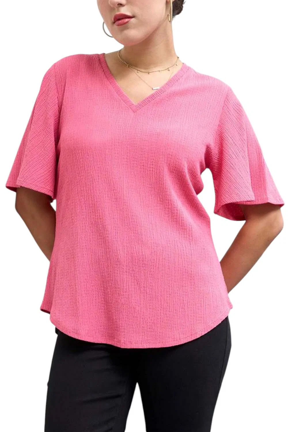 DG2 by Diane Gilman Women’s Plissé Knit Flutter-Sleeve VNeck Top Rose