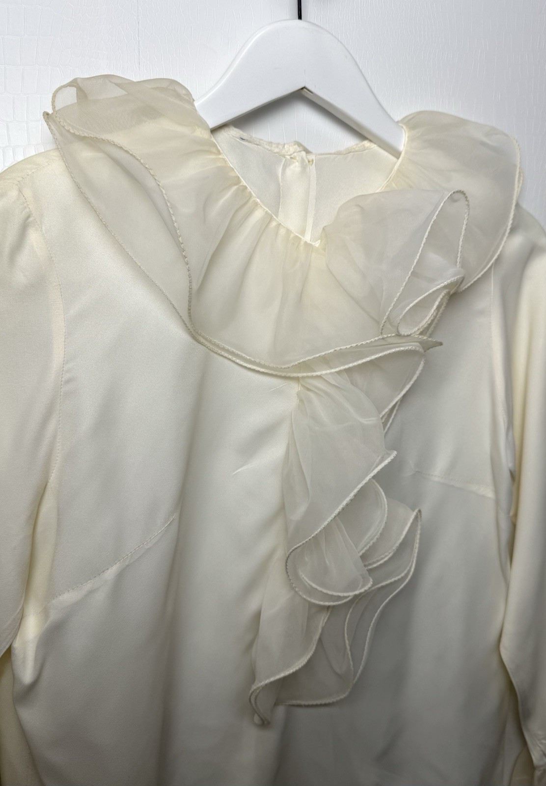Romantic Vintage Ivory Silk Blouse Organic Organza Ruffle Neck S/M