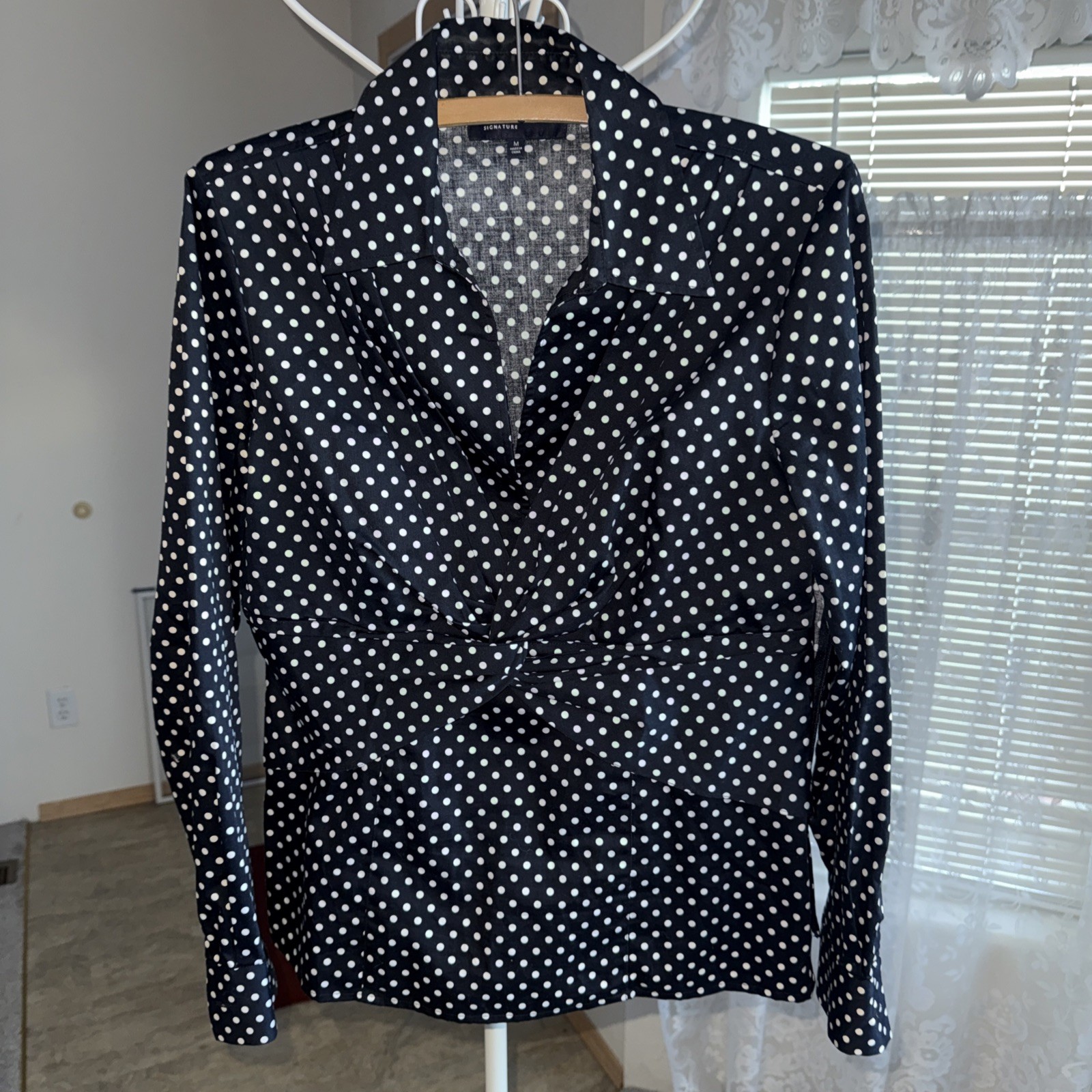 Jones New York Med Signature Women Polka Sash Front Side Zip Cotton Collar