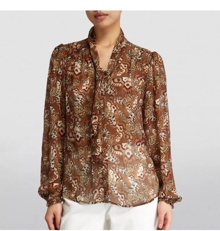 PAIGE MARCELA SILK CHIFFON BLOUSE BUTTERFLY PRINT CINNAMON MULTI SMALL NWOT