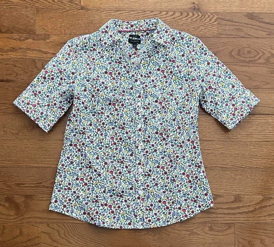 TALBOTS White Floral Short Sleeve Non-Iron Button Up Blouse Shirt, Women’s 2
