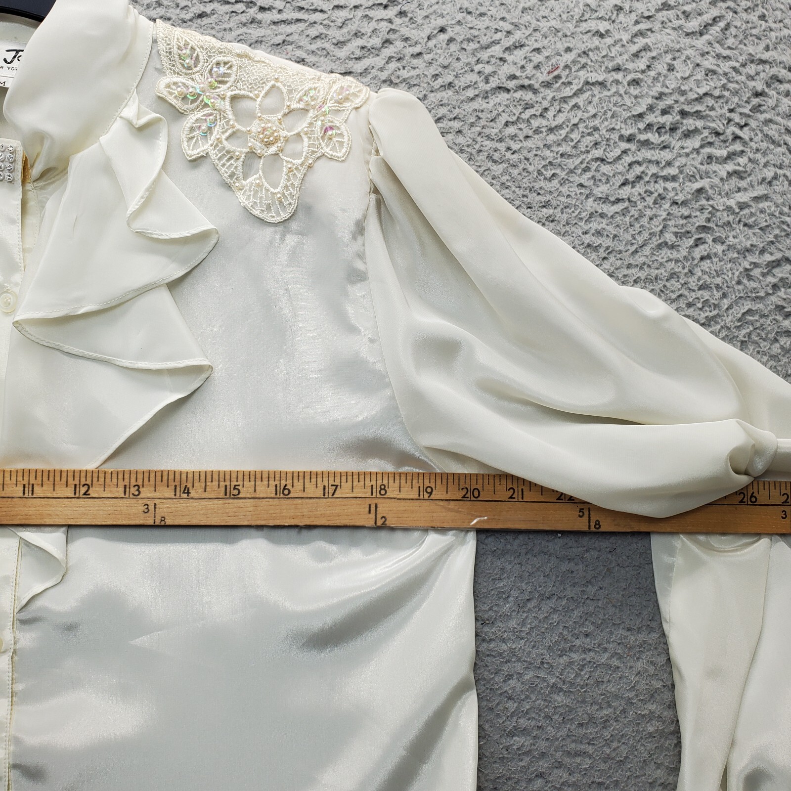 Vintage C. Jay Shirt Top Women’s M Tan Ruffled Beaded Shoulder Pads Ban Collar