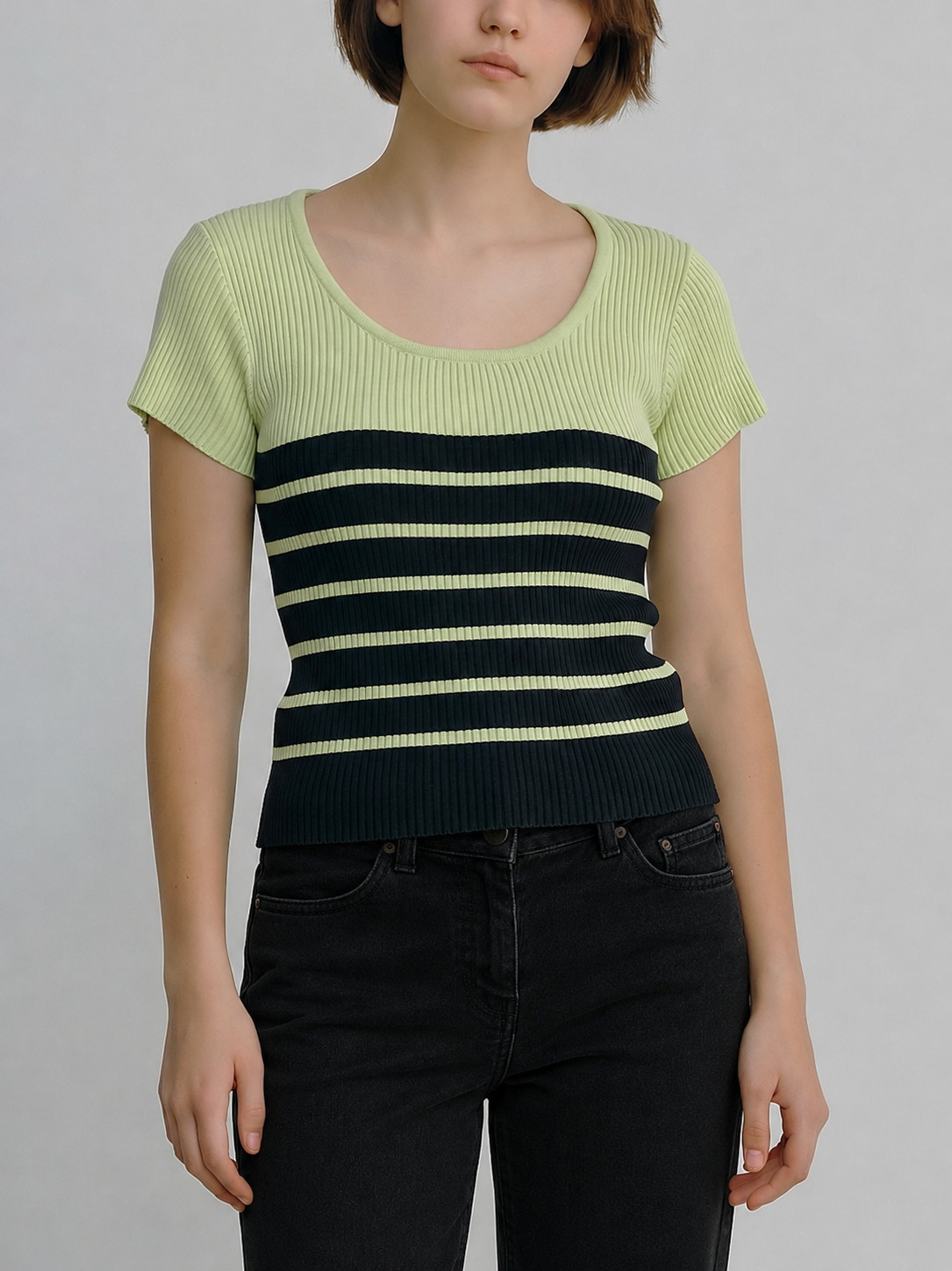 Ribbed Knit Tee, Lime Green, Black Stripes – Size M – Tailor by B.Moss
