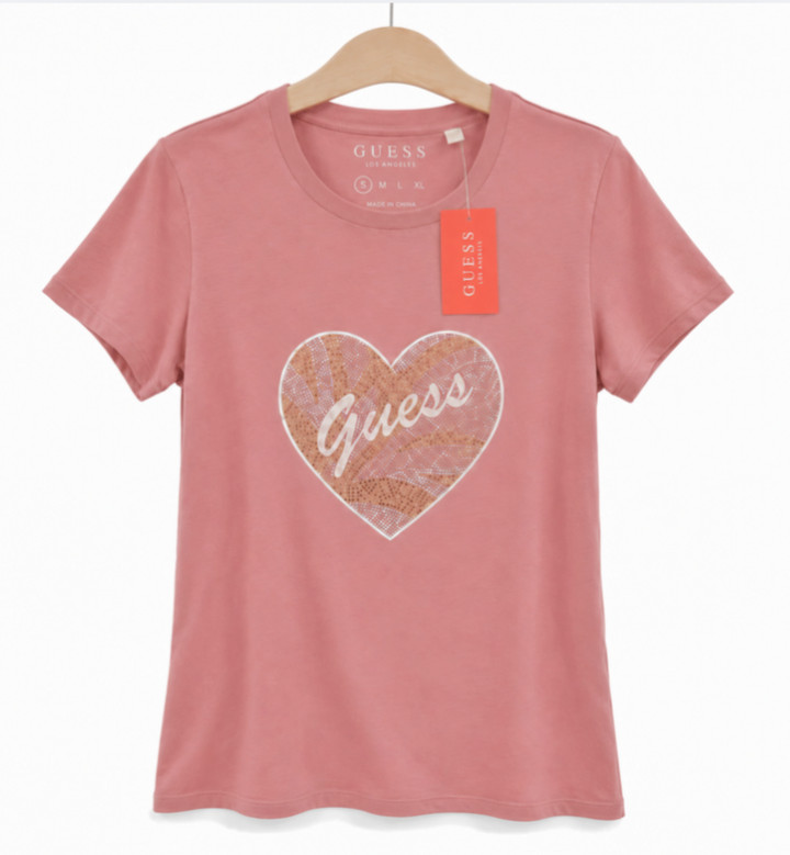 GUESS Womens Size S Rhinestone Heart Graphic Tee Mauve Pink Short Sleeve Top NWT
