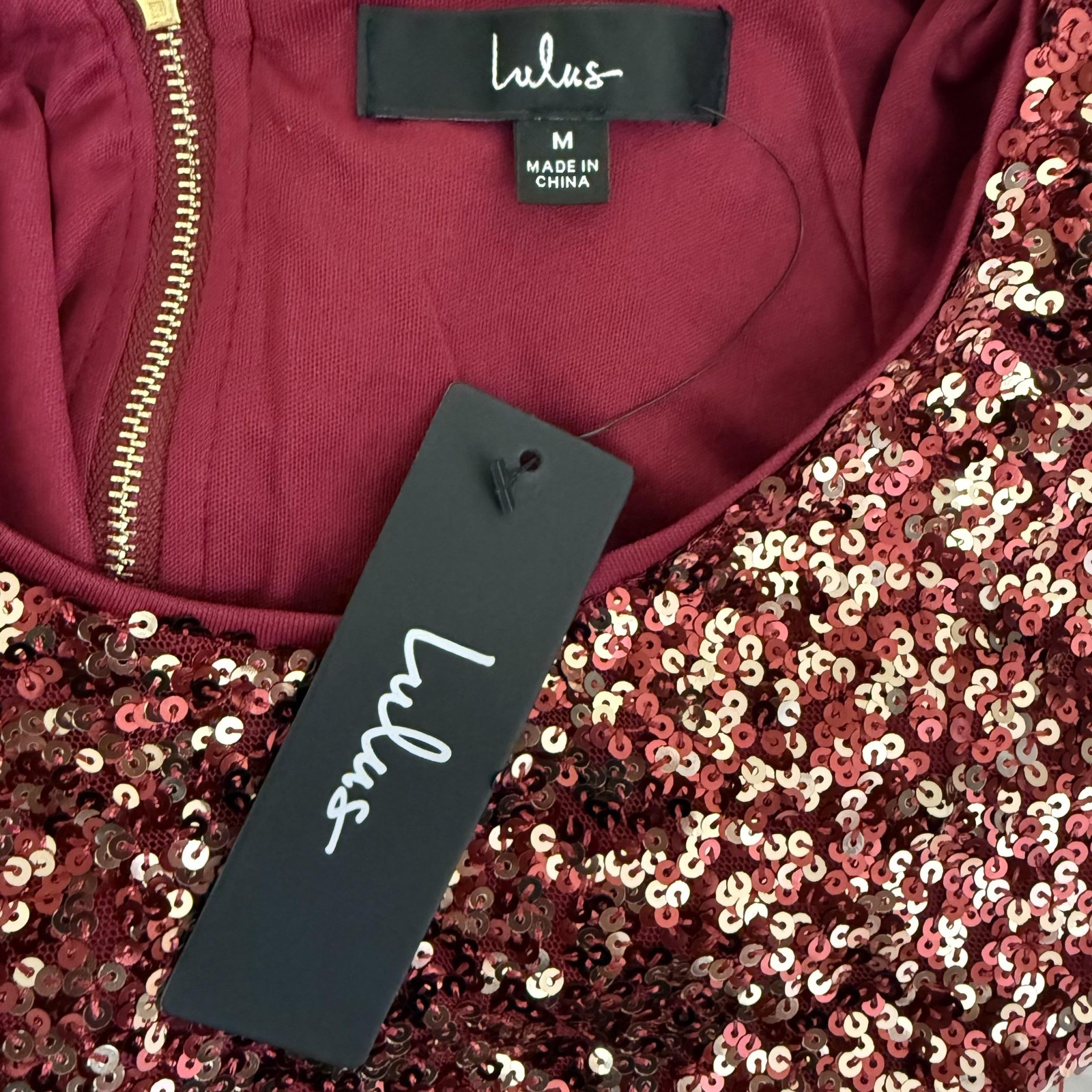 Lulus Crop Top Womens M Burgundy Gold Sequin Sparkly Zip Up Evening Party Shirt