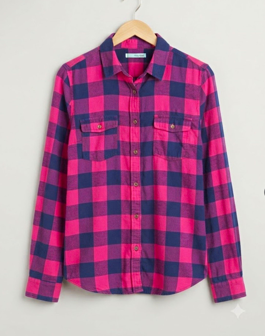 maurices Womens L Pink Purple Blue Plaid Collared Button-Front Long Sleeve Shirt