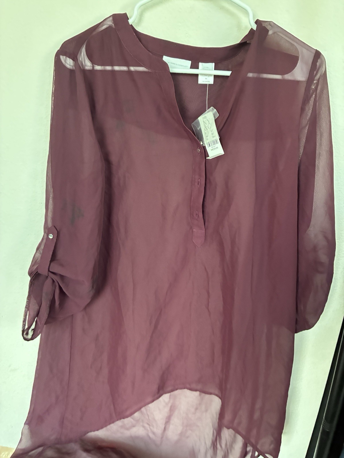 NY & C Purple Solid Sheer V-Neck Roll Tab 3/4 Sleeve Button Blouse M