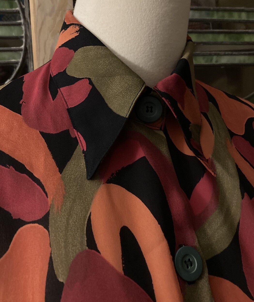 Thelma Fewo Paris Crepe Silk Semi-Sheer Blouson Shirt T-2 (S) Abstract MOD EUC