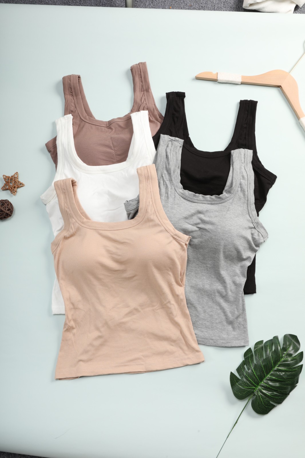 5 Pack Ribbed Square Neck Tank Top Built In Bra Tummy Control Slim Camisole