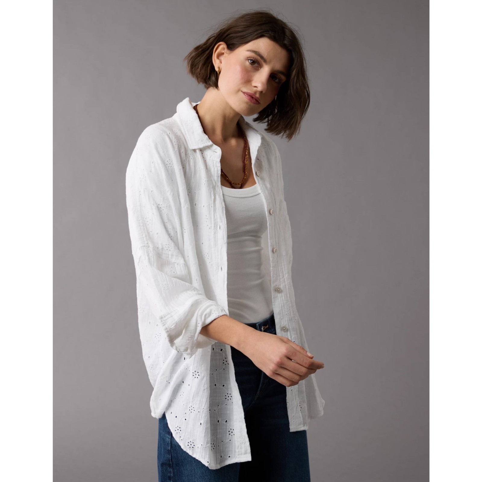 NWT American Eagle White Go Big Oversized Eyelet Embroidered Shirt Size XXS