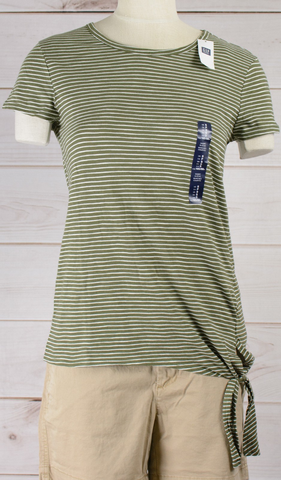 NWT Womens GAP S/S Easy Tee Green Stripe Side Tie Crew Neckline – 485529BG
