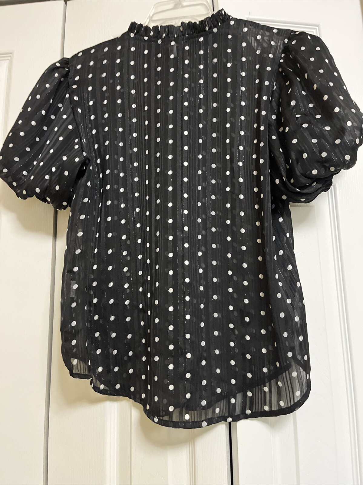 China Dolls~Short Puffed Sleeve Black & White Polka Dots~HighNeck Blouse Size XL