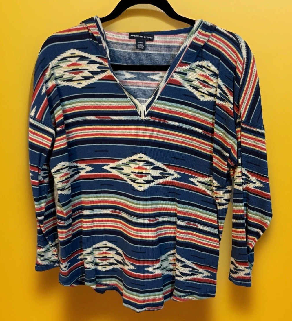 American Living Aztec Womens Size L Large Multicolor Thermal Pullover Hooded