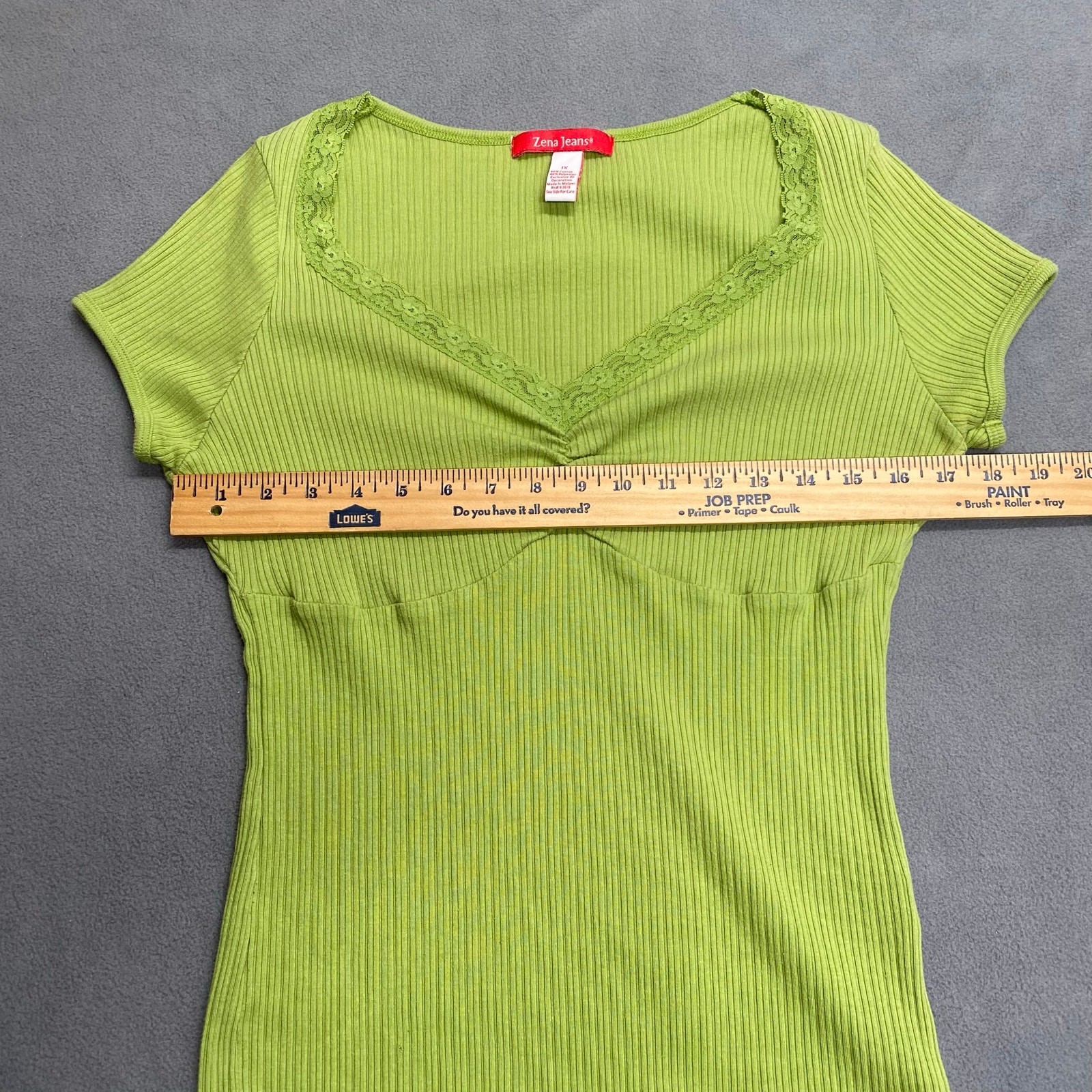 Vtg Y2K 00s Babydoll Jersey Knit Ruched Lace V Neck Lettuce Hem Top 1X LimeGreen