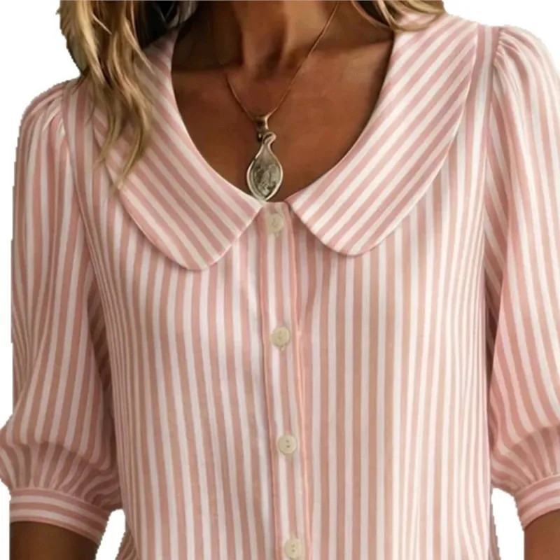Summer Casual Women Striped Printed Blouse Turn Down Collar Half Sleeve Shirts