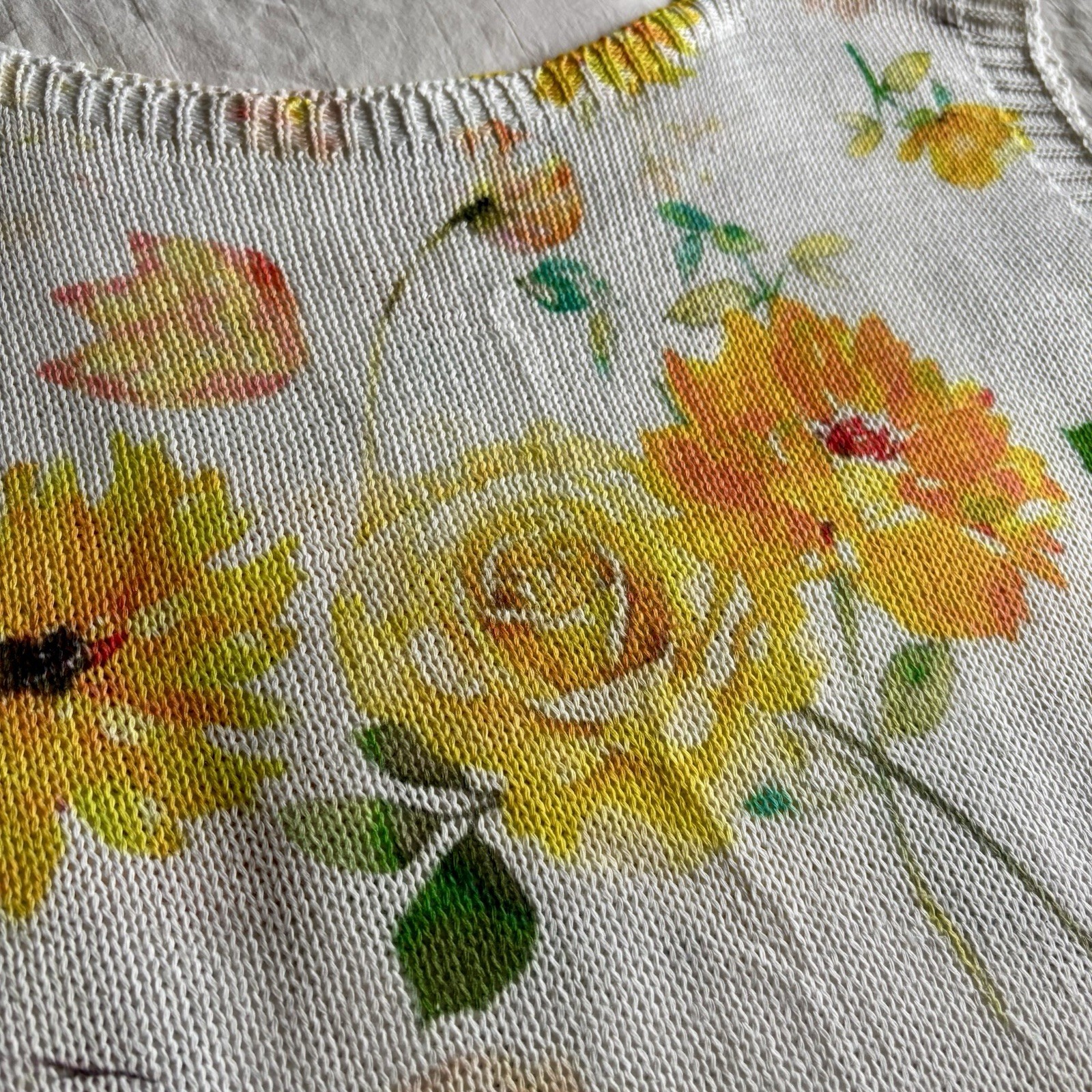 Luisa Ricci Italy Knit Top Floral Womens S Watercolor White Yellow Garden Party