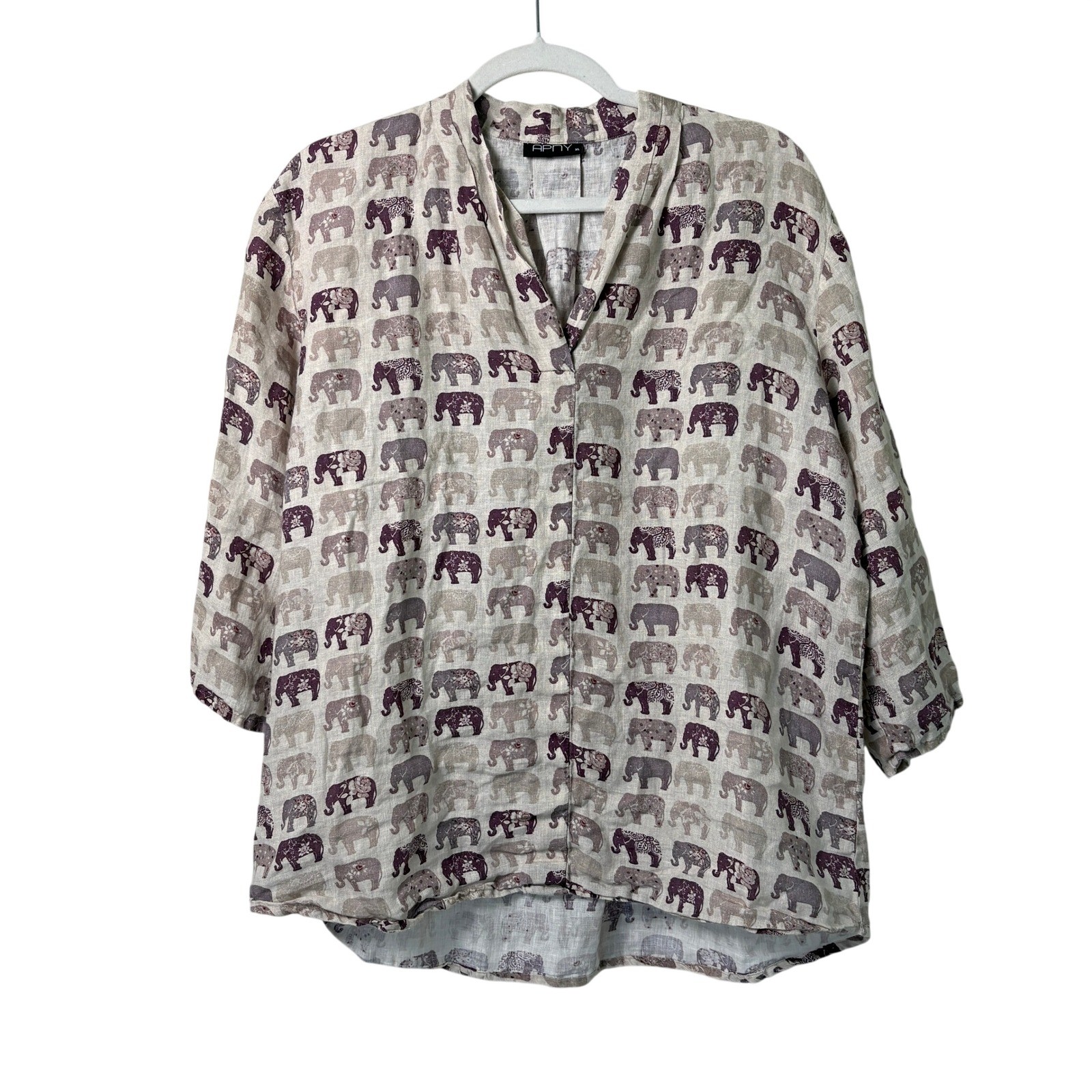 APNY Elephant Print Blouse Womens XL Purple Grey Linen Roll Tab Sleeve Top Boho