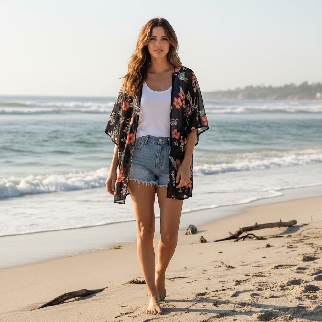 Windsor Womens Black Floral Chiffon Kimono Wrap BOHO Open Front Summer Coverup
