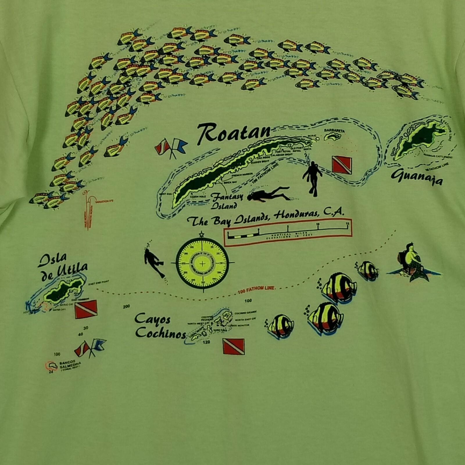 ABDUL’S SPORTSWEAR Roaton Honduras Fish Divers Diving Map T-Shirt ~ Green Medium