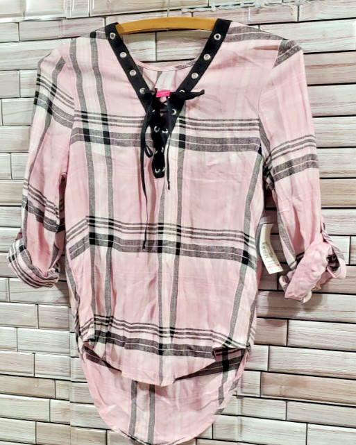 Nobo womens XS top Lace Up Pullover Plaid Pink black plaid tab roll v neck NWT