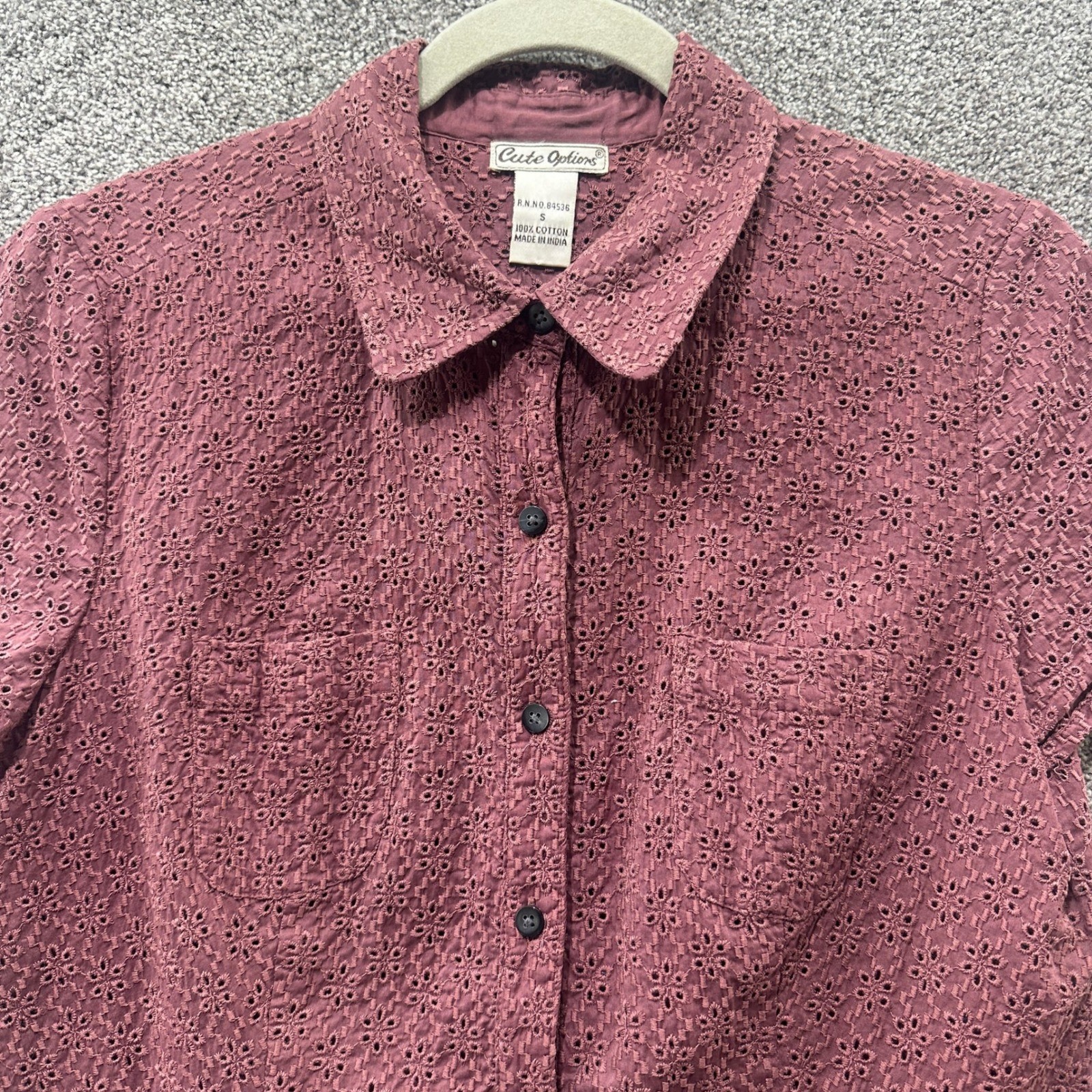 Y2k Cute Options Eyelet Short Sleeve Button Up Top Women Small Mauve Pink Cotton