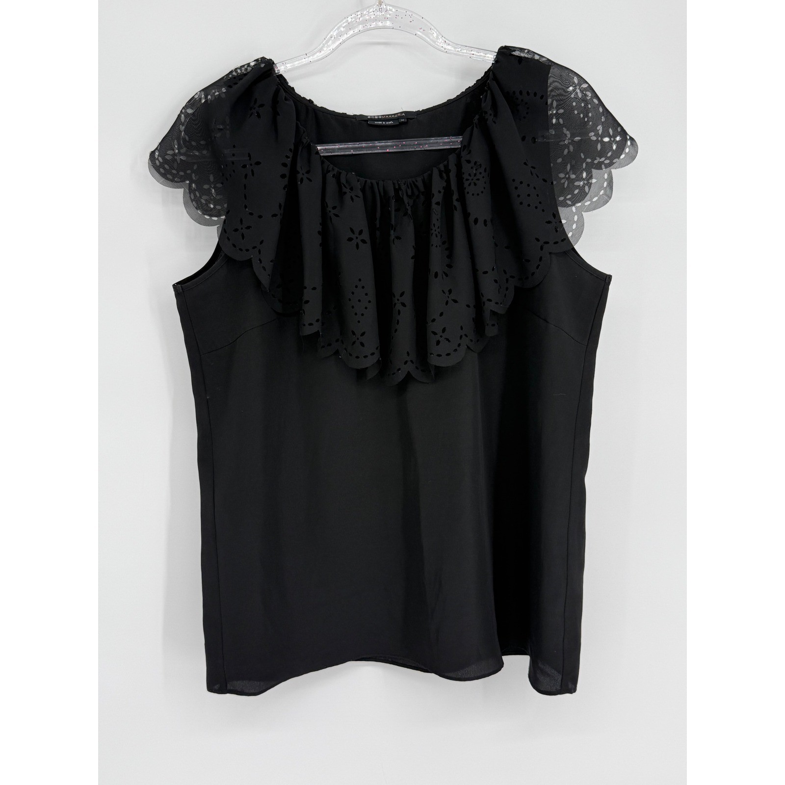 BCBGMAXAZRIA Black Chiffon Eyelet Ruffle Collar Lace Cap Sleeve Blouse Top Sz M