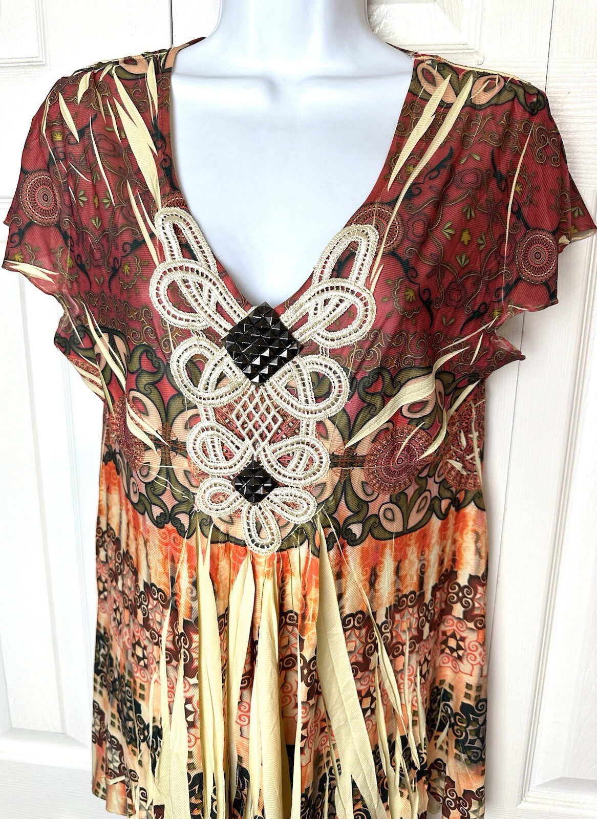 ONE WORLD Red Tunic Top Blouse Shirt Sublimation Embellished Neck Orange Sz M