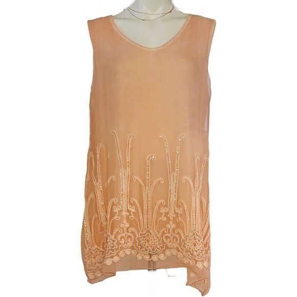 SOFT SURROUNDINGS Silk Romance Peach Parfait Embellished Blouse Size M NEW