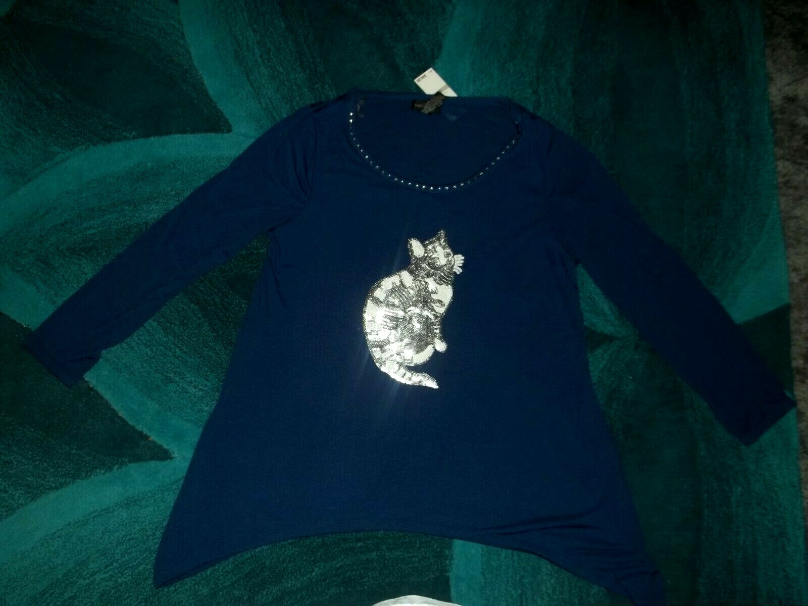 Black or Blue SILVER Sequin Kitty CAT T-Shirt Top Shirt Womens 1X or 2X NWT