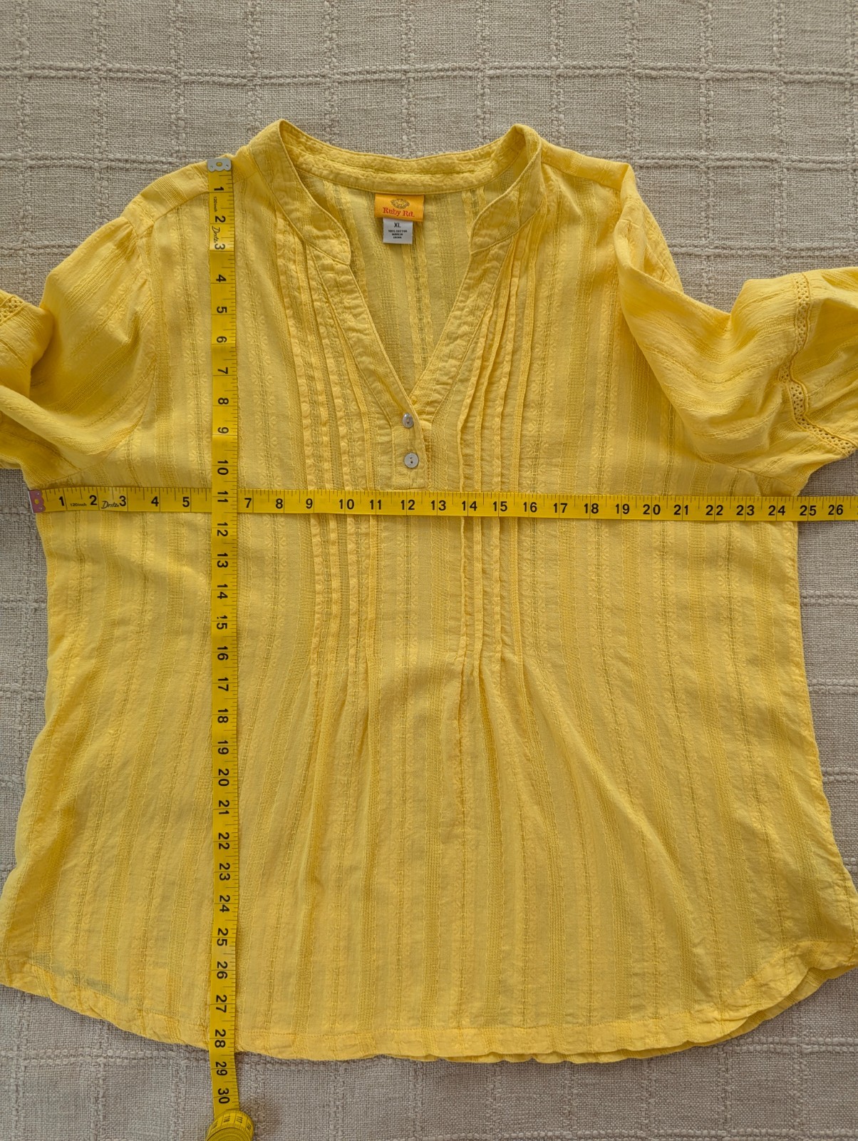 Ruby Rd Yellow Textured Cotton Peasant Blouse XL 100% Cotton Boho Relaxed
