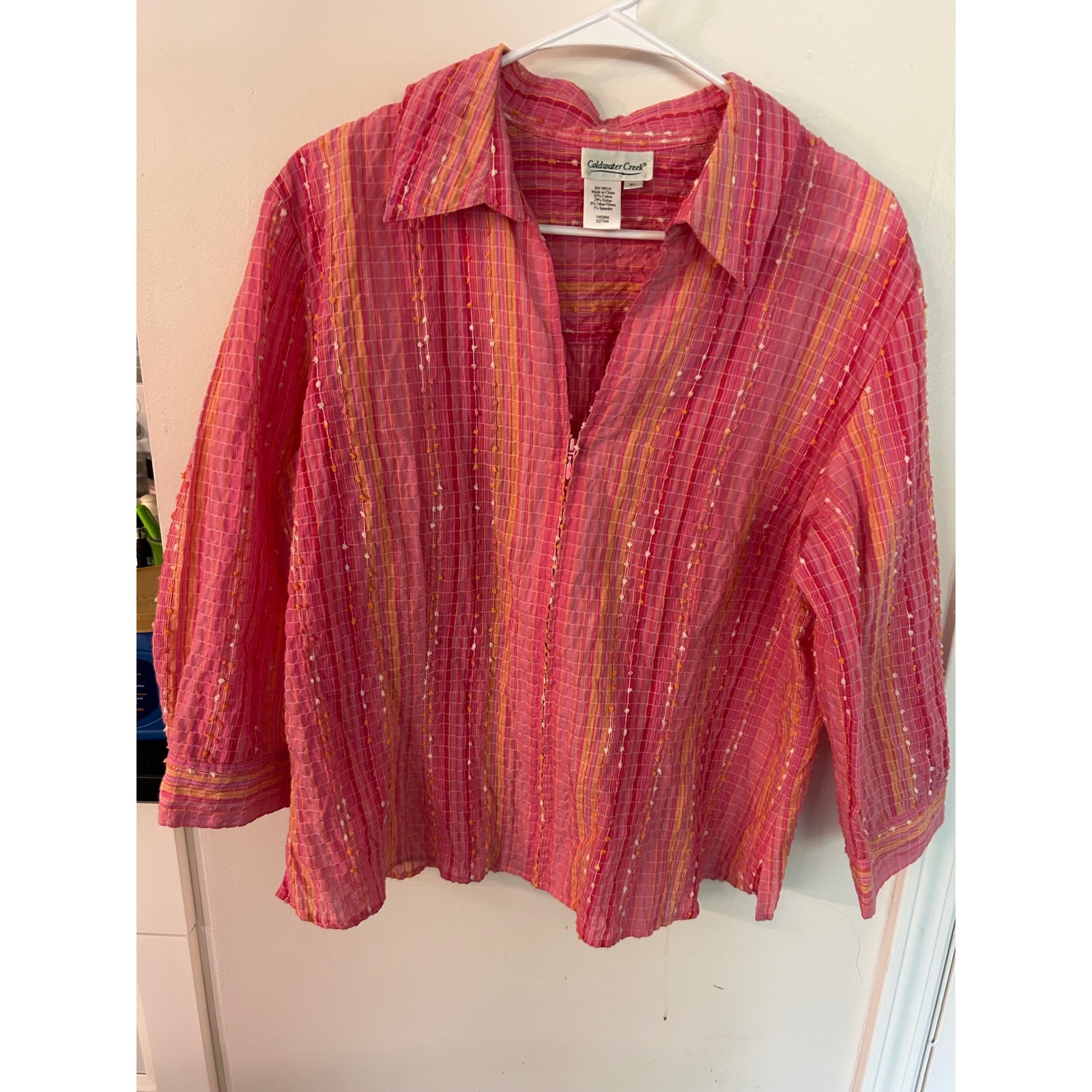 Coldwater Creek Women Pink Orange Striped Half Zip Textured Shirt XL 3/4 Sleeve