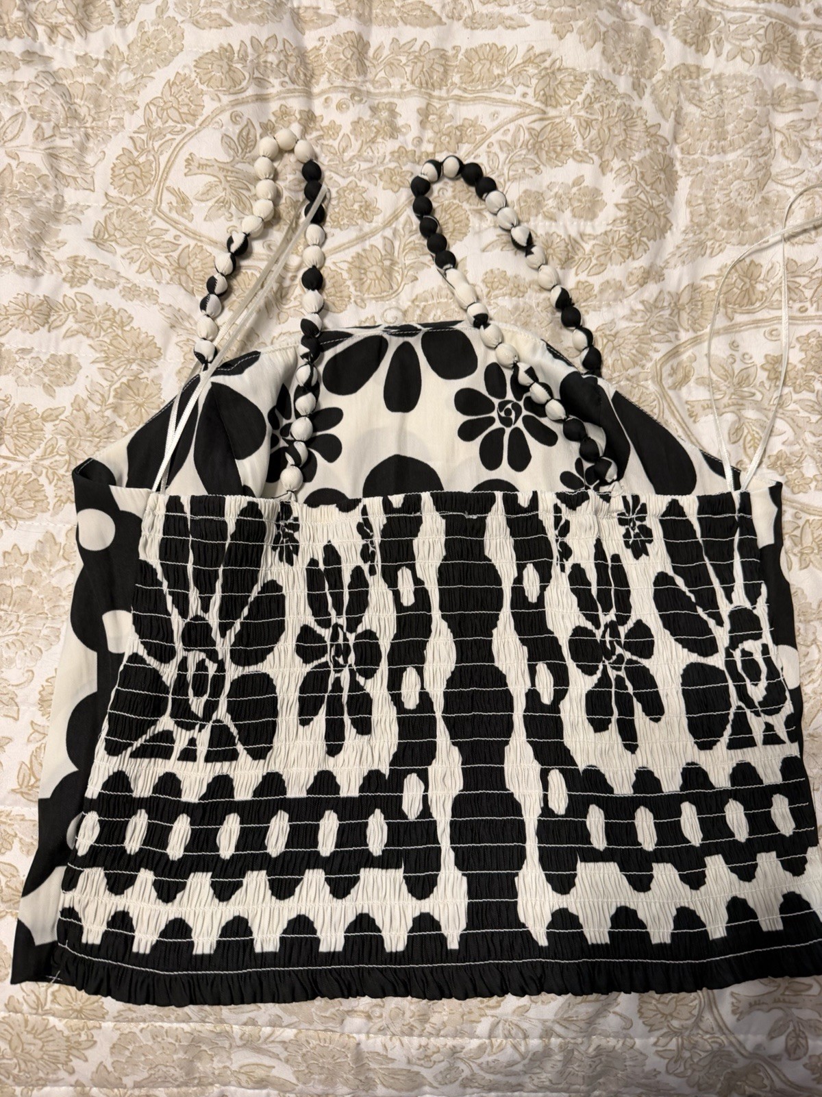 Rose + Olive Black/White Floral Smocked Beaded Strap Square set size L
