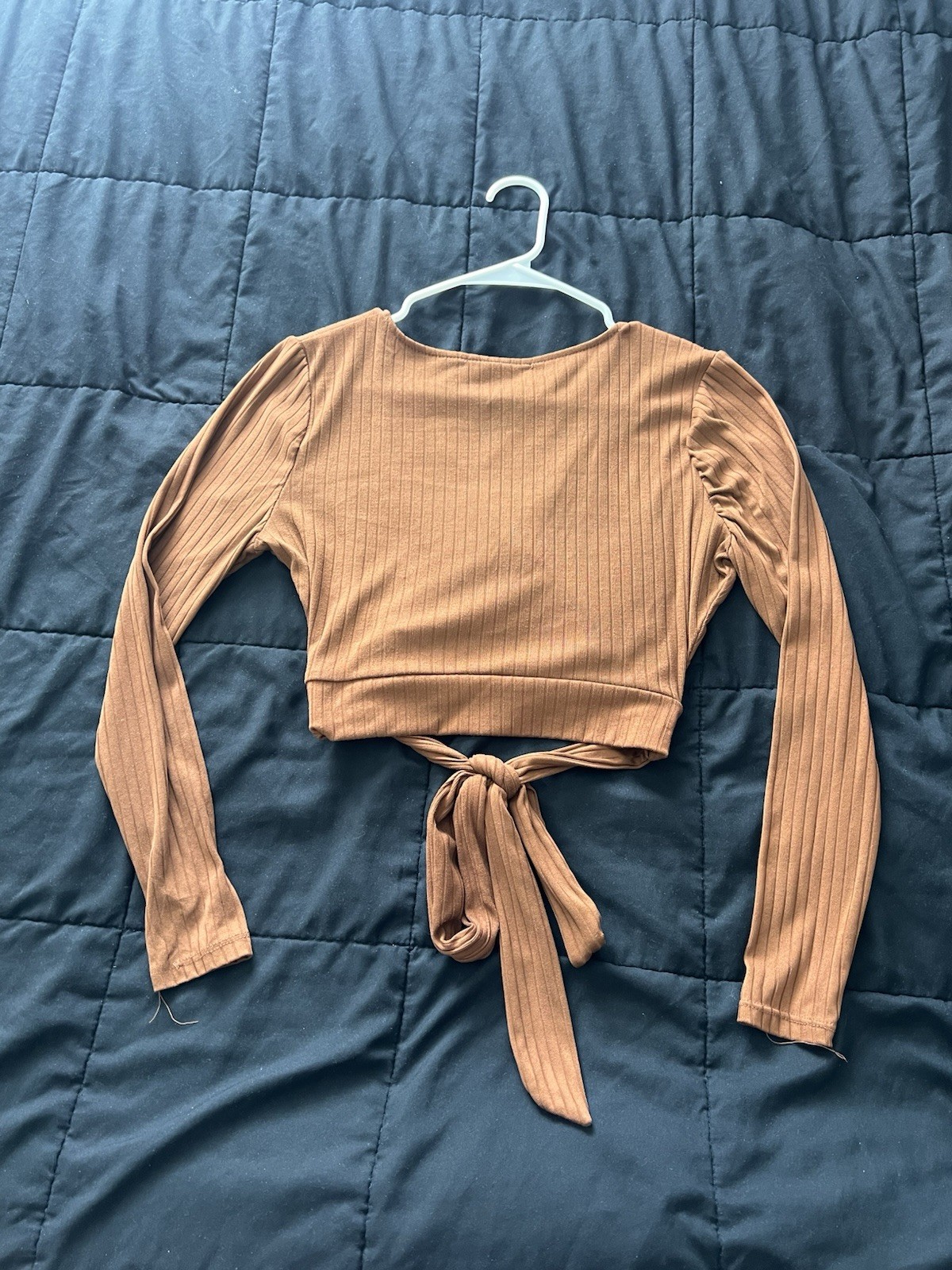 no comment NY:LA Brown Rayon Ribbed Knit Wrap V-Neck Crop Top Tie Waist M