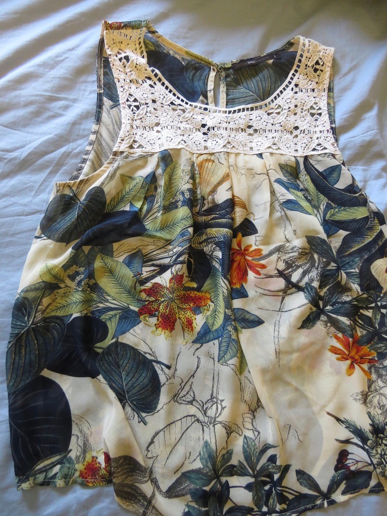 Hazel Hazel Top sz L large crochet sheer tank sleeveless tropical print boutique