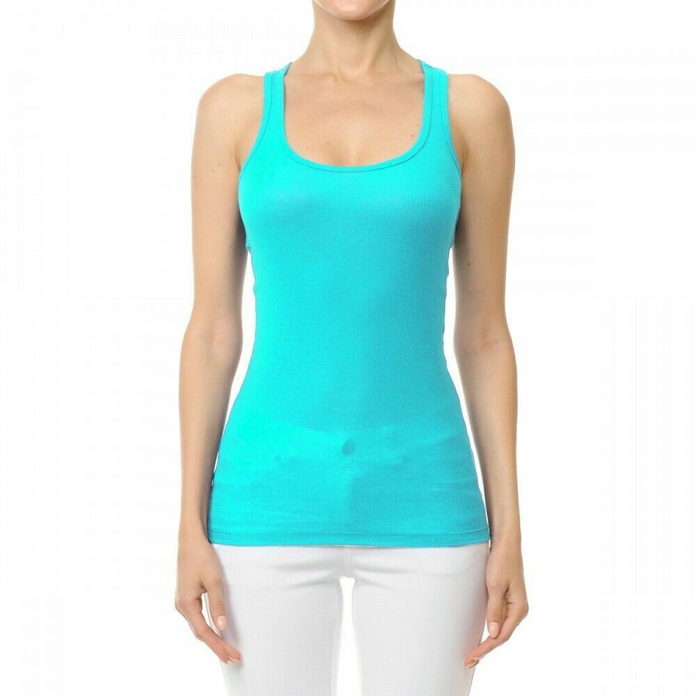 Women’s Basic Solid Scoop Neck Racerback Tank Top With Built in Shelf Bra Shirt
