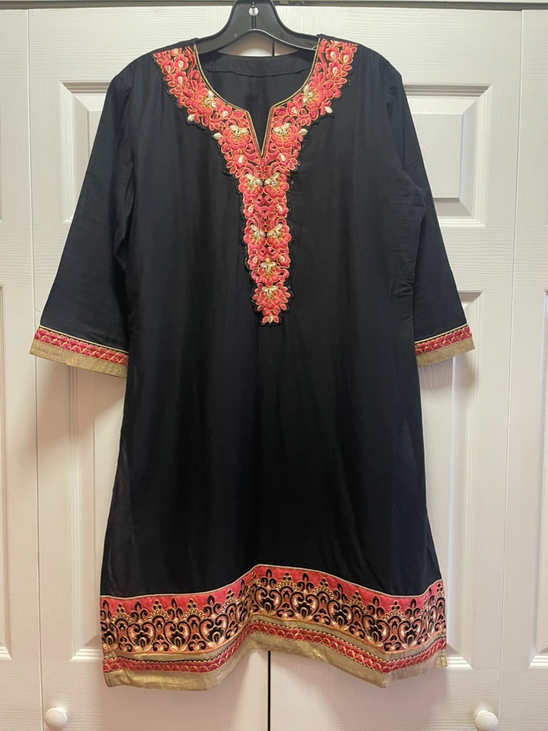 Black Kashmiri Tunic Aari Embroidered Boho Top V Neck Loose Fit Festival