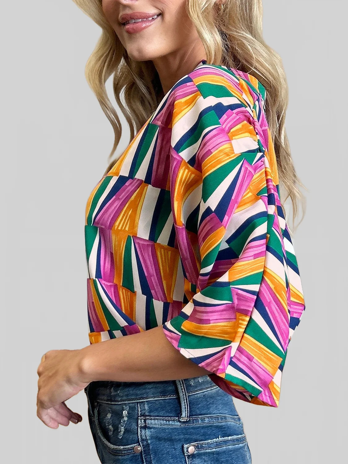 Women Double Take Full Size Geometric Notched Dolman Sleeve Top