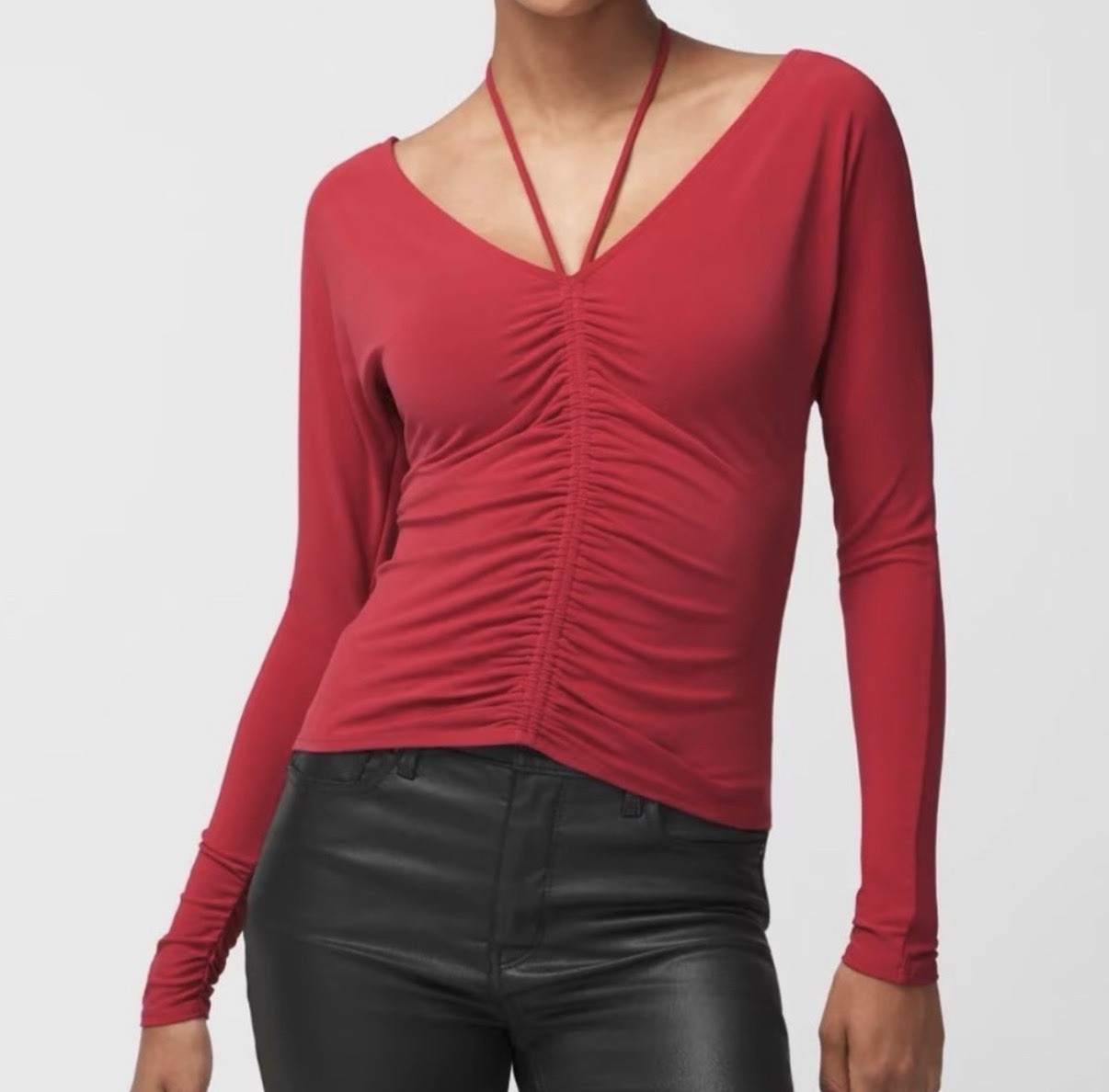 WHBM Red Ruched Front V-Neck Long Sleeve Top XS NWT 570356303