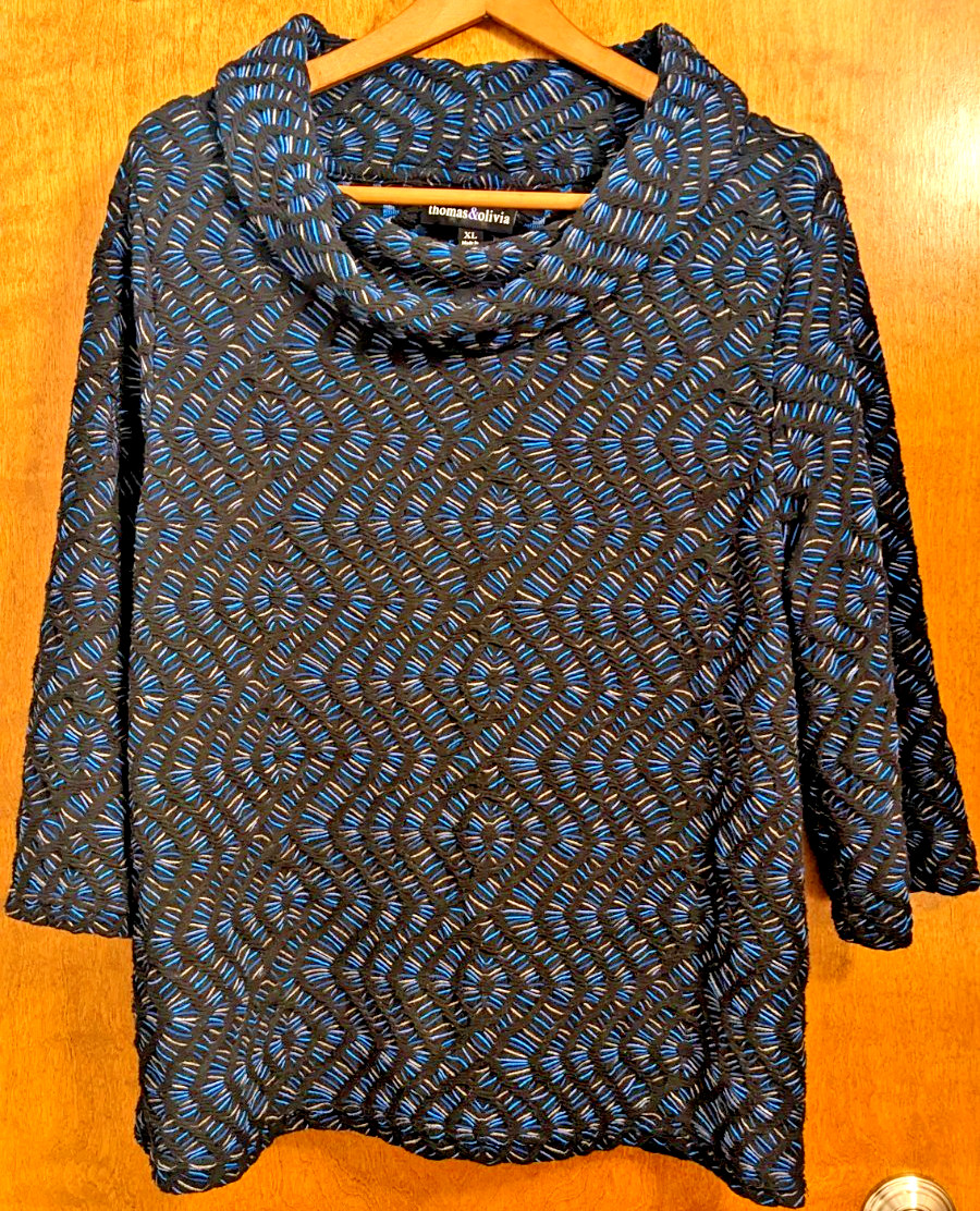 Thomas & and Olivia Sweater Top XL Black Blue Tan Texture 3/4 sleeve
